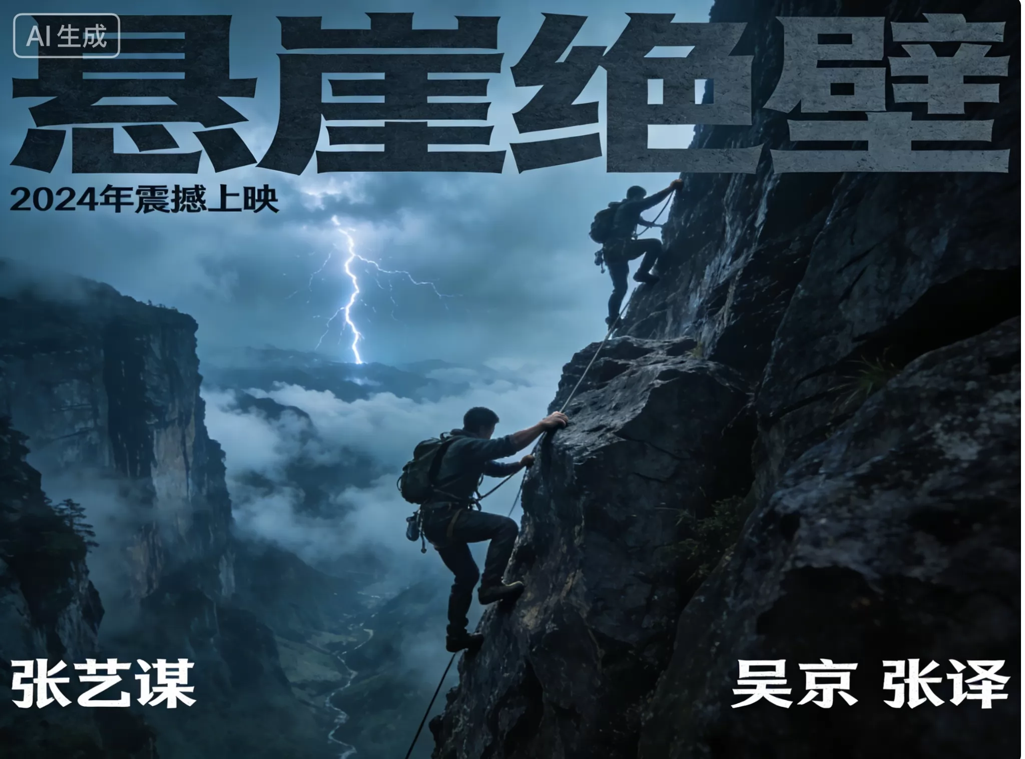 暴风雪中的登山者在悬崖边挣扎，天地一片苍白。